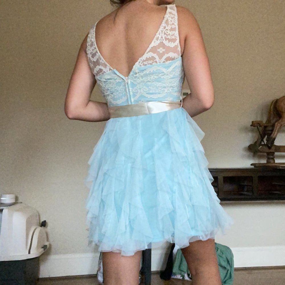 Beautiful Light Blue Dress with Cream Lace Details - Picture 2 of 4